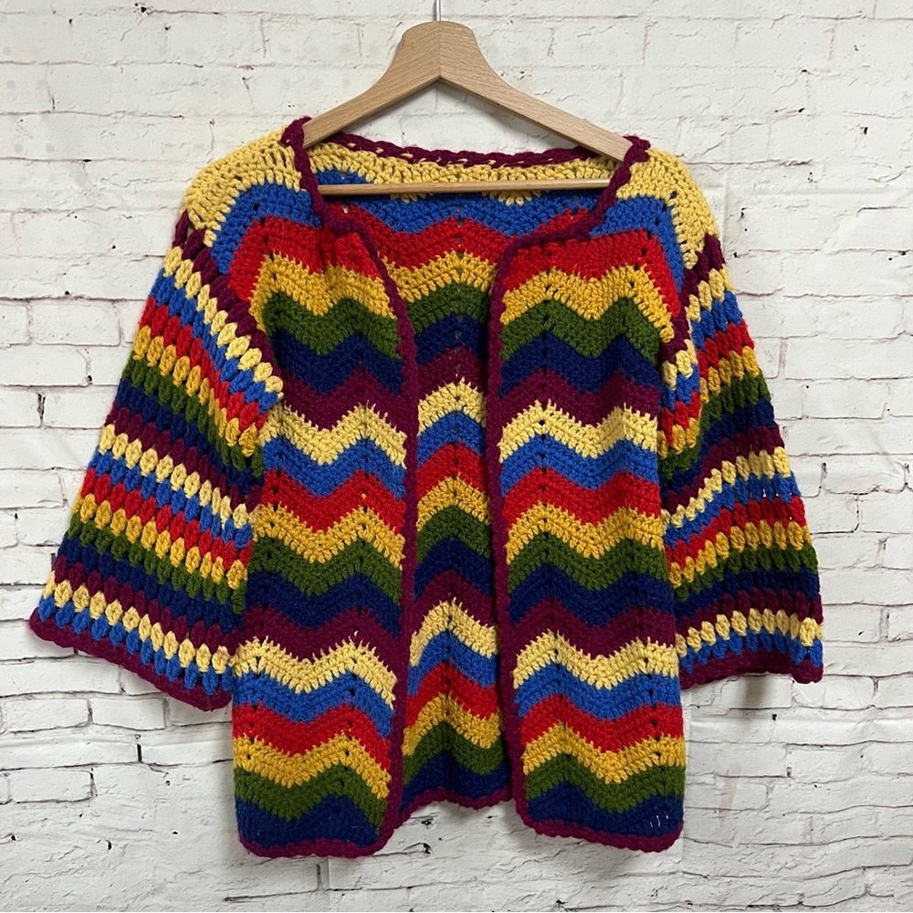 Hand Made Crochet Zig Zag Open Front Cardigan Sweater Bell Sleeve Rainbow Granny